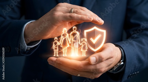 Hands protecting glowing family outline and shield with checkmark representing insurance and security concepts