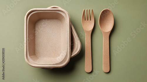 Eco friendly plant based meal container and utensils biodegradable fork spoon on green background conveying sustainable dining and zero waste lifestyle