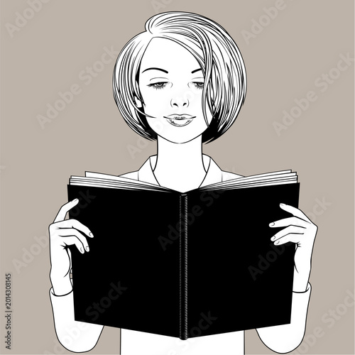 Blonde girl reading a black book, holding in her hands. Vector illustration in vintage black and white engraving and line art style.