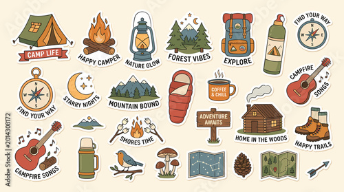 Vintage camping sticker set with outdoor adventure icons, retro forest hiking badges, rustic nature exploration vector collection for scrapbooking
