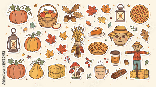 Bilde på lerret Autumn harvest sticker set, hand drawn fall season elements with pumpkins and sc