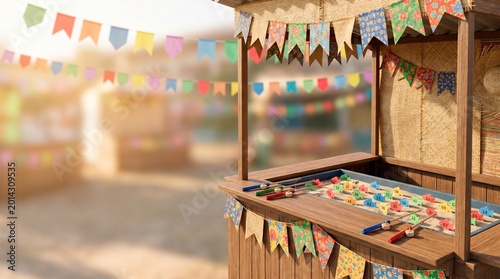 Festa Junina: Fishing Game Booth with Colorful Flags and Copy Space
