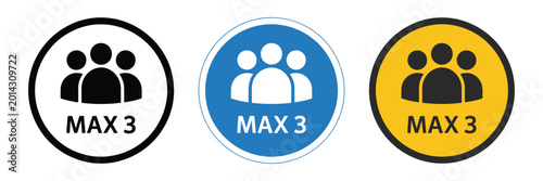 Photos Maximum three people capacity icons set, group badge symbols for occupancy limits and safety regulation signage design