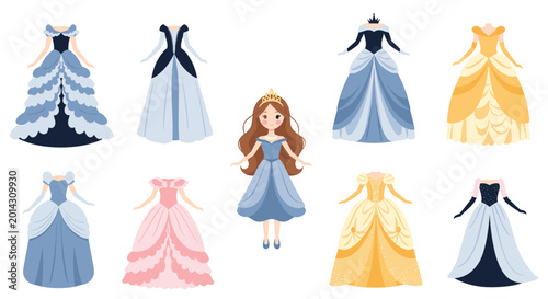 Princess paper doll set featuring a girl with long brown hair and various beautiful ball gowns in blue, yellow, and pink colors.