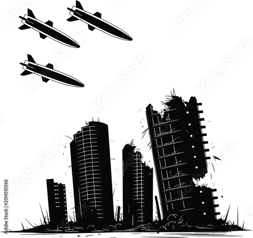 Photos Missile Attack and Destroyed City Buildings Silhouette Illustration for War Conf