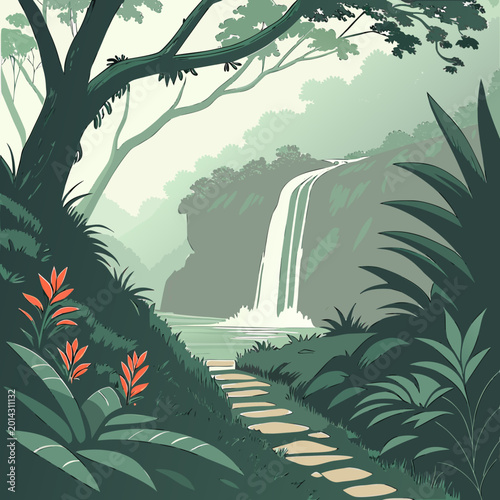 Quadro em tela Lush green jungle waterfall with stone path and tropical plants leading to a ser