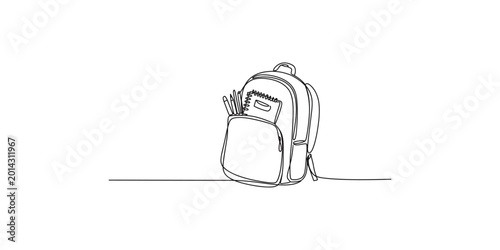 A line drawing of a backpack with school supplies sticking out of the front pocket on a white background