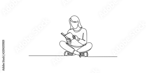 Continuous line drawing of a young woman sitting on roller skates and reading a book in a simple minimalist style on white background