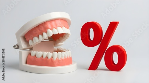 Dental model placed next to a red percentage sign representing special discounts on medical services