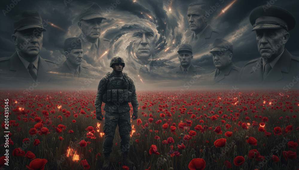 Naklejka premium Soldier standing in a field of red poppies under a stormy sky with ghostly faces of military veterans. Remembrance Day and Memorial Day concept representing honor, sacrifice and history.