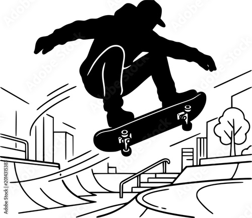 skateboard line art silhouette vector illustration
