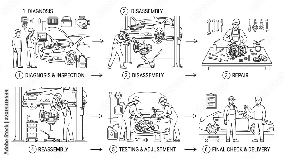 Fototapeta premium Step-by-step illustration of the automotive repair process, from initial diagnosis to final delivery.