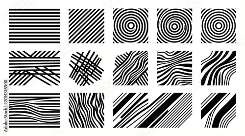 A collection of fifteen abstract black and white geometric patterns featuring lines, stripes, and concentric circles.