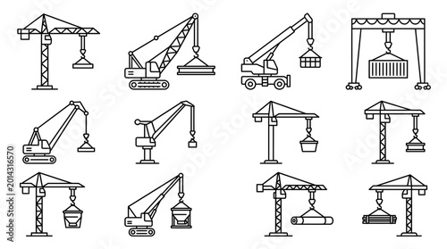 Collection of various types of cranes used in construction and industrial settings, depicted in a line art style.