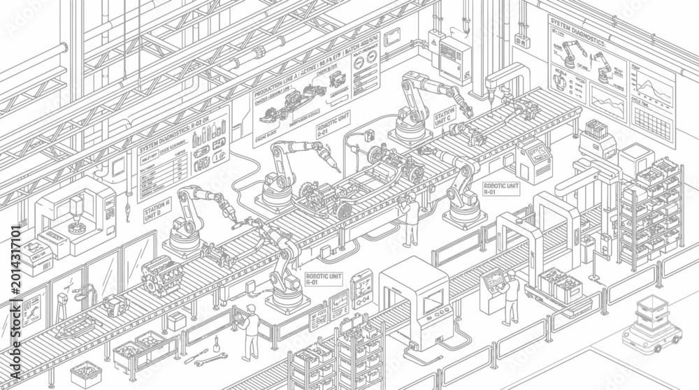 Fototapeta premium Isometric illustration of a highly automated modern factory assembly line with robotic arms and conveyor belts.