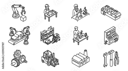 Collection of isometric line art illustrations depicting various industrial and scientific concepts and equipment.