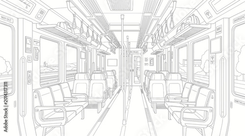 Interior view of an empty train carriage with seats and windows showing a landscape outside.