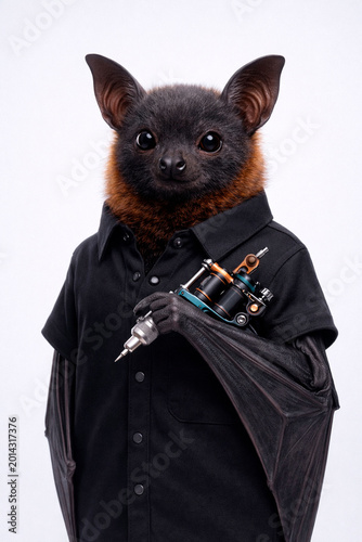 Hyper realistic portrait of a cute anthropomorphic bat dressed in a black shirt, holding a tattoo machine like a professional tattoo artist.