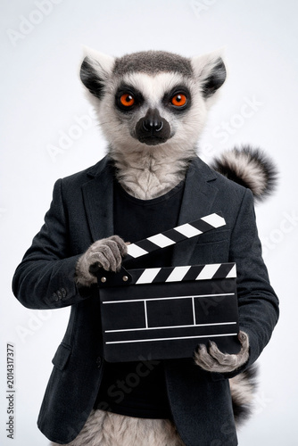 Hyper realistic portrait of a cute anthropomorphic lemur dressed as a film director, holding a clapperboard in a clean studio portrait.