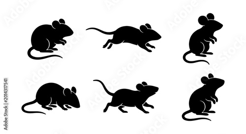 Schilderij op canvas Mouse silhouettes, six black rodent icons, simple animal vector set, pest contro