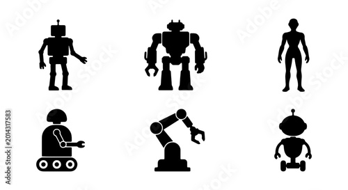 Robot icons set, black silhouette vector collection, humanoid and industrial automation symbols