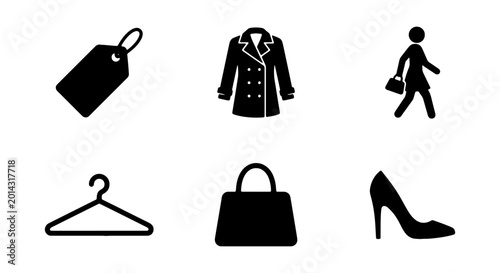 Fashion and Shopping Vector Icons, Black Garment Tag, Coat, Woman, Hanger, Handbag, High Heel Shoe