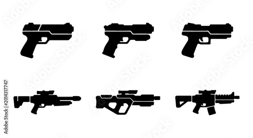 Fényképezés Futuristic Sci-Fi Weapon Icons, Cyberpunk Gun Silhouettes, Modern Firearm Vector