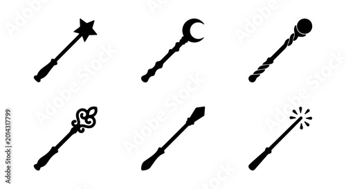 Bilde på lerret Magic Wand Icons, Fantasy Staff Symbols, Enchanted Stick Silhouettes, Vector Set
