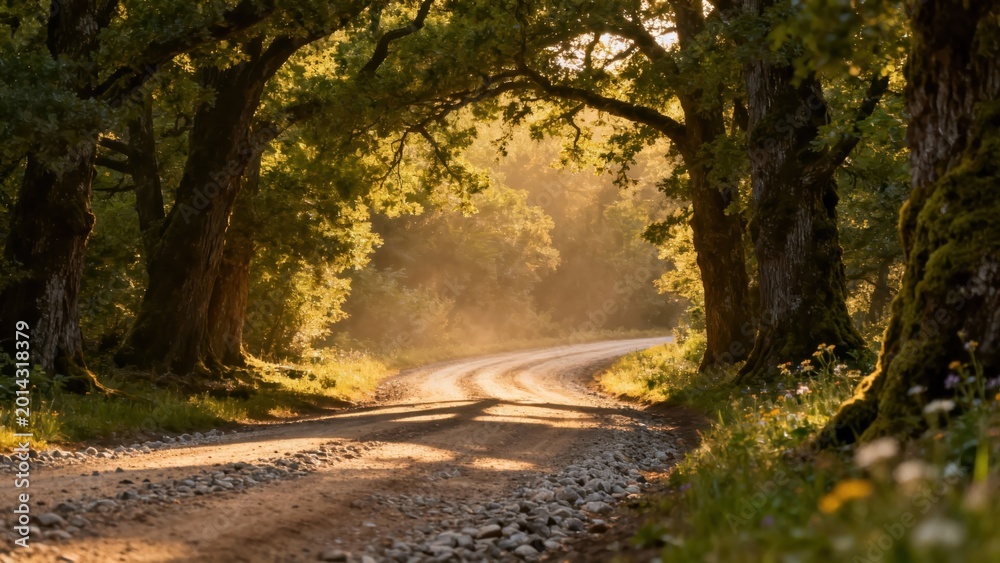 Fototapeta premium Sunlight filters through ancient trees arching over a winding gravel path in a lush forest