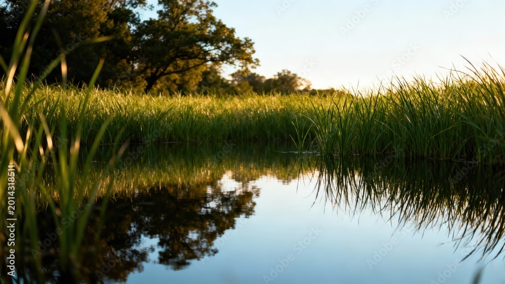 Fototapeta premium Lush green reeds reflect in calm shallow water at sunset