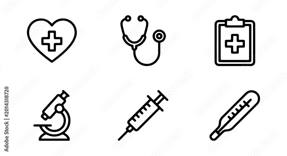 Fototapeta premium Medical Icons Set: Health, Stethoscope, Clipboard, Microscope, Syringe, Thermometer