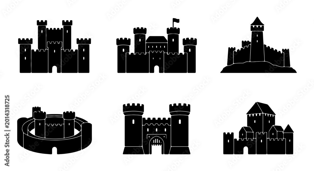 Fototapeta premium Medieval Castle Icons, Fortress Silhouettes, Royal Stronghold Vector Set