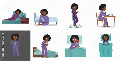 Tableau sur toile African American woman experiencing smartphone addiction, insomnia, and social m