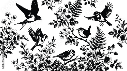 Foto Birds and floral branches black and white vector illustration