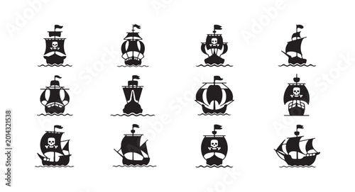 Slika na platnu Set of pirate ship silhouettes and sailing vessel icons isolated on white backgr