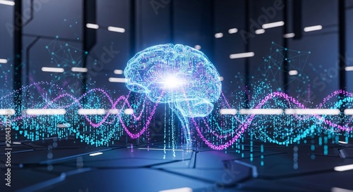 Digital human brain interface over server room background. Artificial intelligence and machine learning concept. 3D Rendering