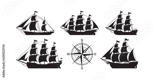 Foto Collection of Antique Sailing Vessel Silhouettes with Compass Rose