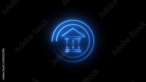 Glowing neon blue bank icon animation. virtual finance structure light motion, digital banking logo animation.glowing architecture finance symbol. 4k video..