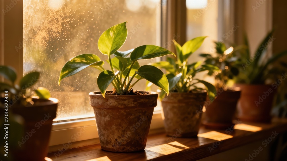 Fototapeta premium Potted houseplants sit on wooden windowsill bathed in warm sunlight