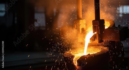 Molten liquid steel flows through a dark industrial foundry casting a brilliant orange glow and vibrant sparks into the heavy smoky air, steel, liquid, industrial