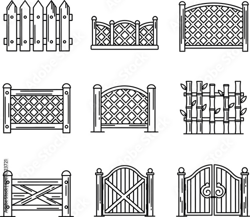 Konstfotografi Various fence and gate designs, outlined illustrations, garden fence