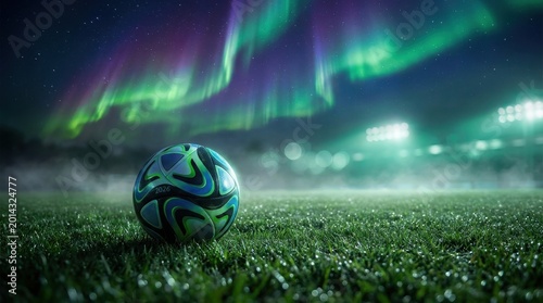 A detailed soccer ball resting on lush green grass beneath the vibrant glowing northern lights sky.