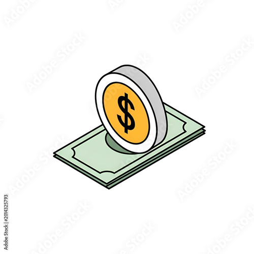 Dollar coin on banknote currency money.