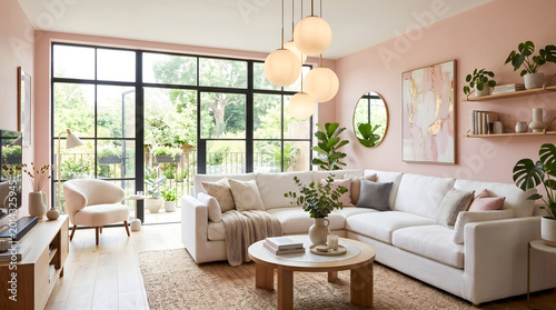 Serene Living Space: A beautifully designed living room exudes tranquility and sophistication, showcasing a blend of contemporary decor, natural light, and inviting furnishings.