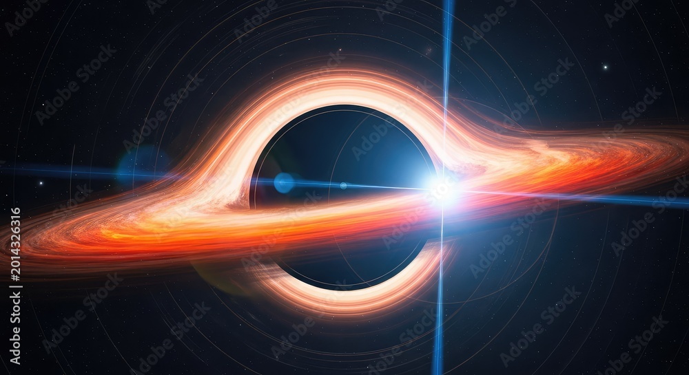 Obraz premium A massive gravitational singularity warps space and light in the deep cosmos, with a brilliant distant star glowing through the dark void, astrophysics, event horizon, astronomy