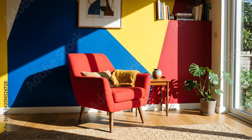 Cozy Corner: A vibrant living space with a red armchair and geometrically painted wall. Sunlit, with a modern artistic feel.