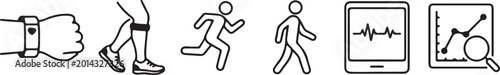 Black line icons of fitness tracker, running, and health monitoring