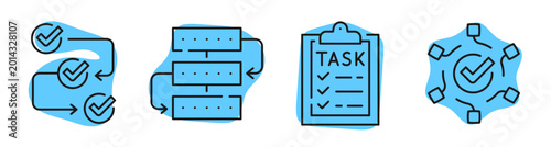 Workflow icons showing task list process steps and approval. Editable stroke