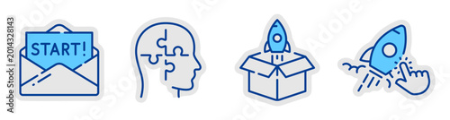 Startup icons showing idea testing packaging and launch. Editable stroke