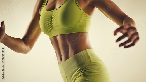 Fit womans midsection showcasing toned abdominal muscles in vibrant green activewear